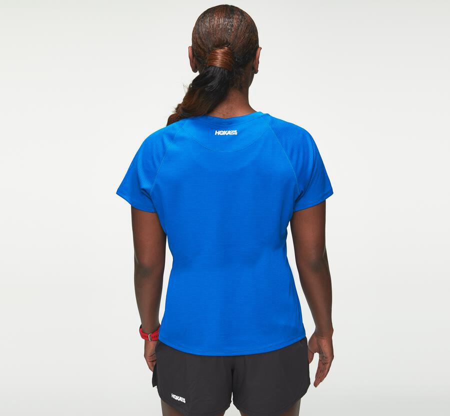 Hoka One One Top Kadın Mavi - Performance Short Sleeve - JI0564718